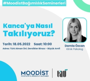 Psikolog Damla Özcan'ın Türk Alman Üniversitesi'nde verdiği 'Kancaya Nasıl Takılıyoruz?' bağımlılık seminerinin kapak görseli, bağımlılıkla mücadele konusundaki önemli bilgileri simgeleyen dikkat çekici bir tasarım.