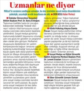 Psikolog Damla Özcan'ın Milliyet Gazetesi'nde yayınlanan Sosyal Medya ile İntihar Davranışı röportajı.